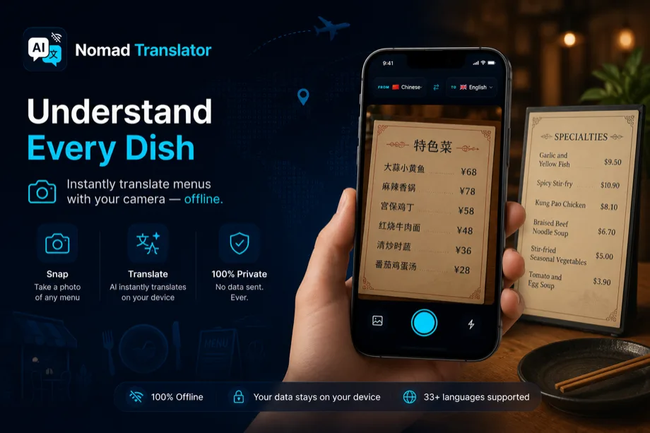 Dịch camera offline cho biển báo và menu - Nomad Translator